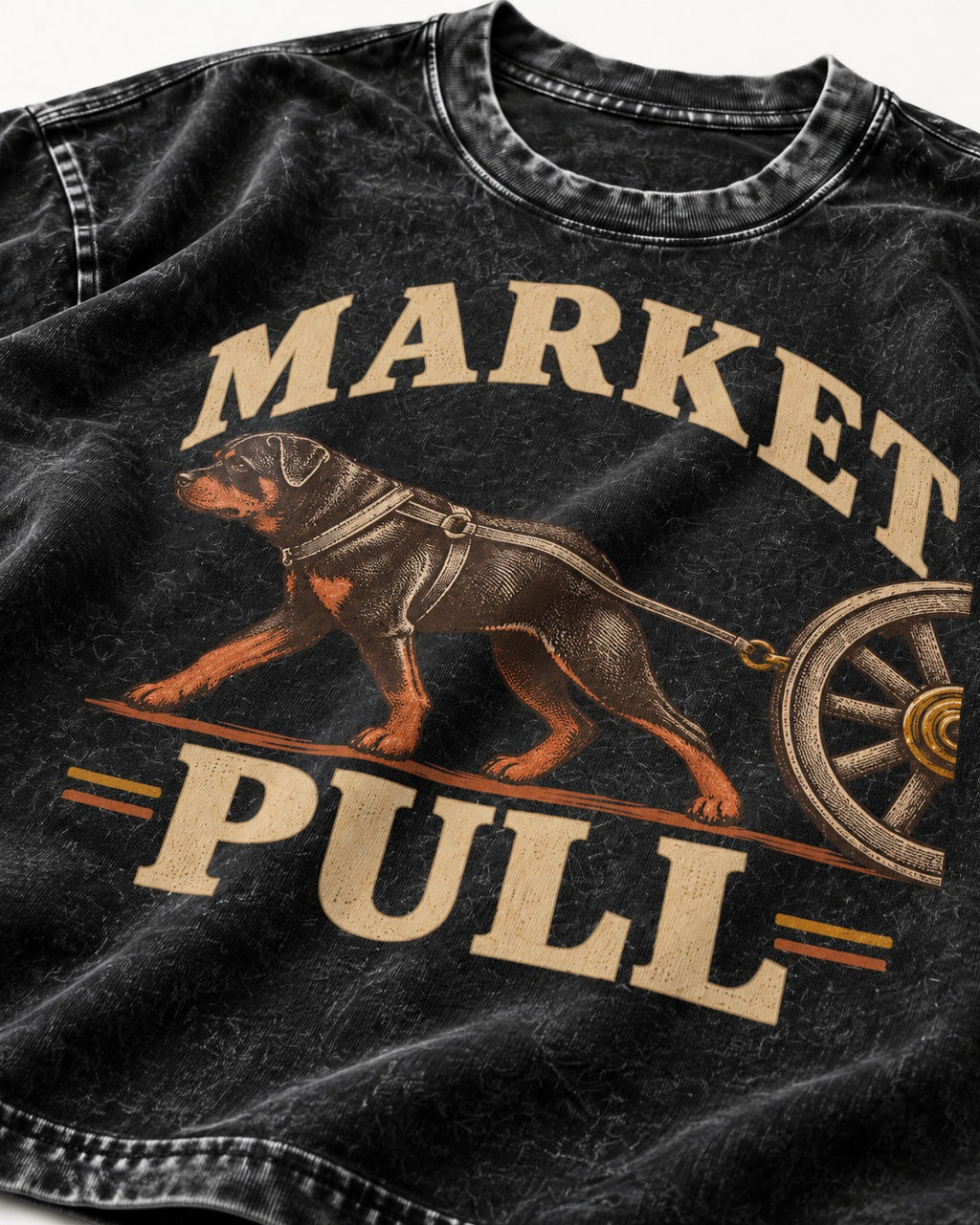Market Pull Rottweiler Cart Harness Graphic Washed Tee in Black, close-up of the graphic