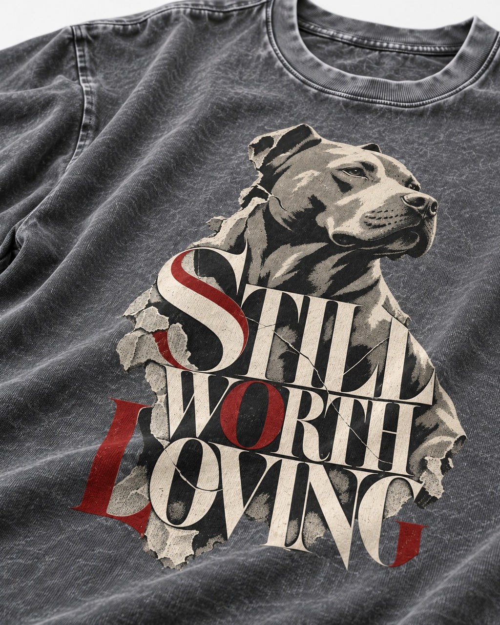 Pitbull Still Worth Loving Torn Poster Portrait Graphic Washed Tee in Gray, close-up of the graphic