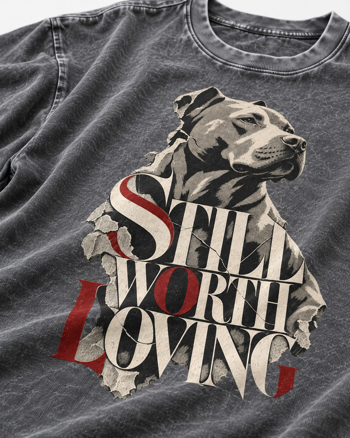 Pitbull Still Worth Loving Torn Poster Portrait Graphic Washed Tee in Gray, close-up of the graphic