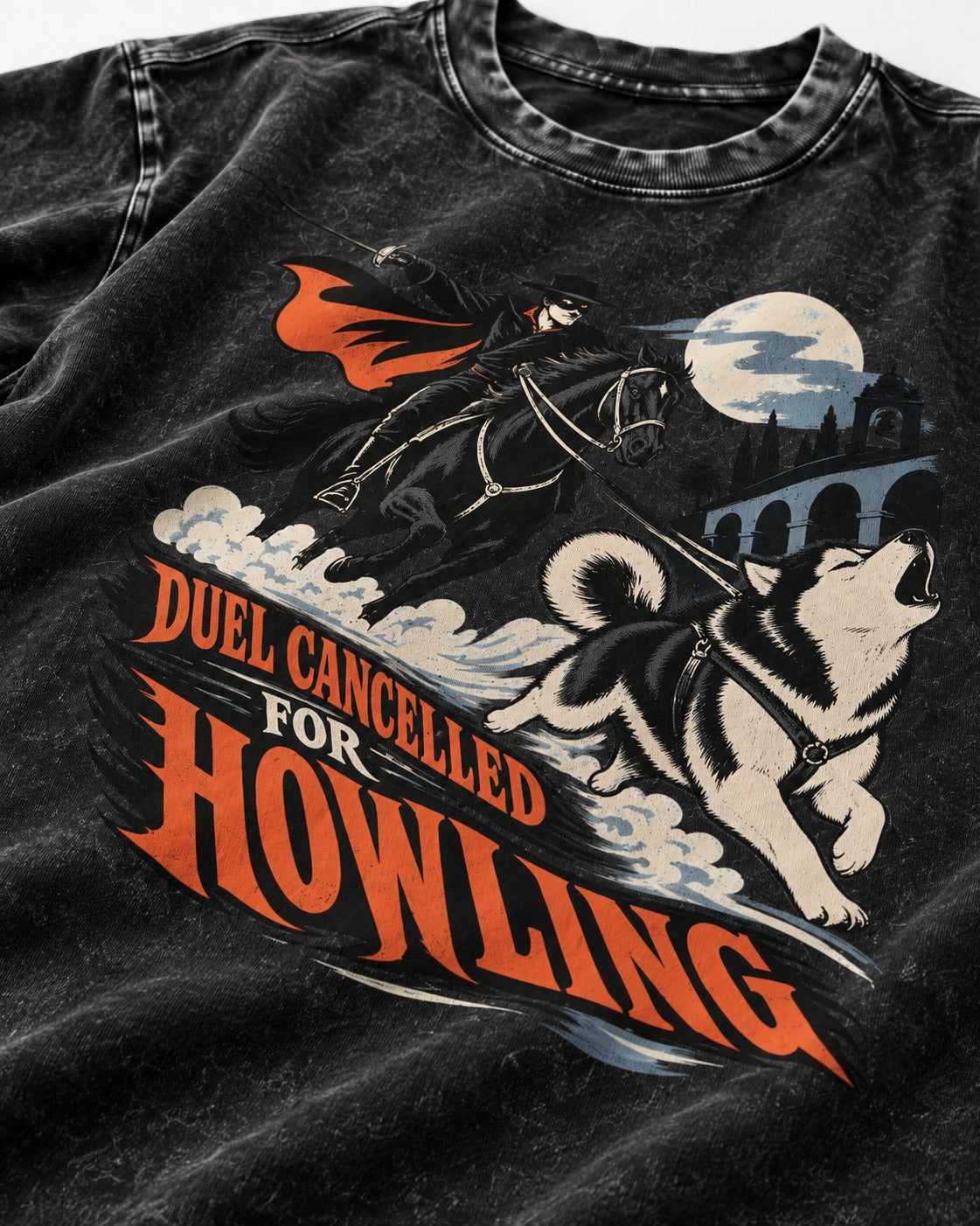 Husky Duel Cancelled for Howling Masked Rider Graphic Washed Tee in Black, close-up of the graphic