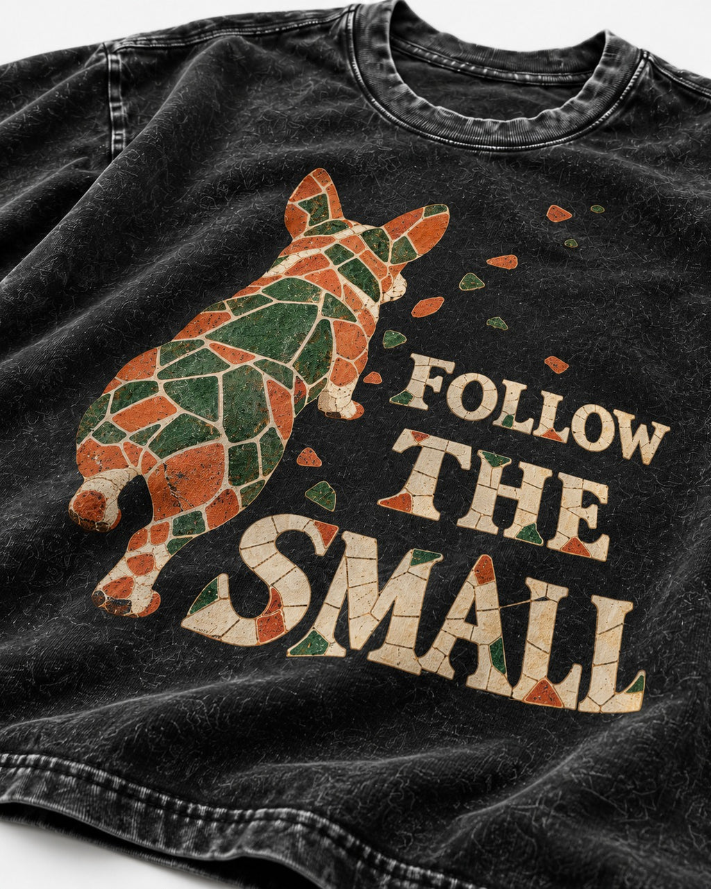 Corgi Follow the Small Mosaic Washed Tee in Black, close-up of the graphic
