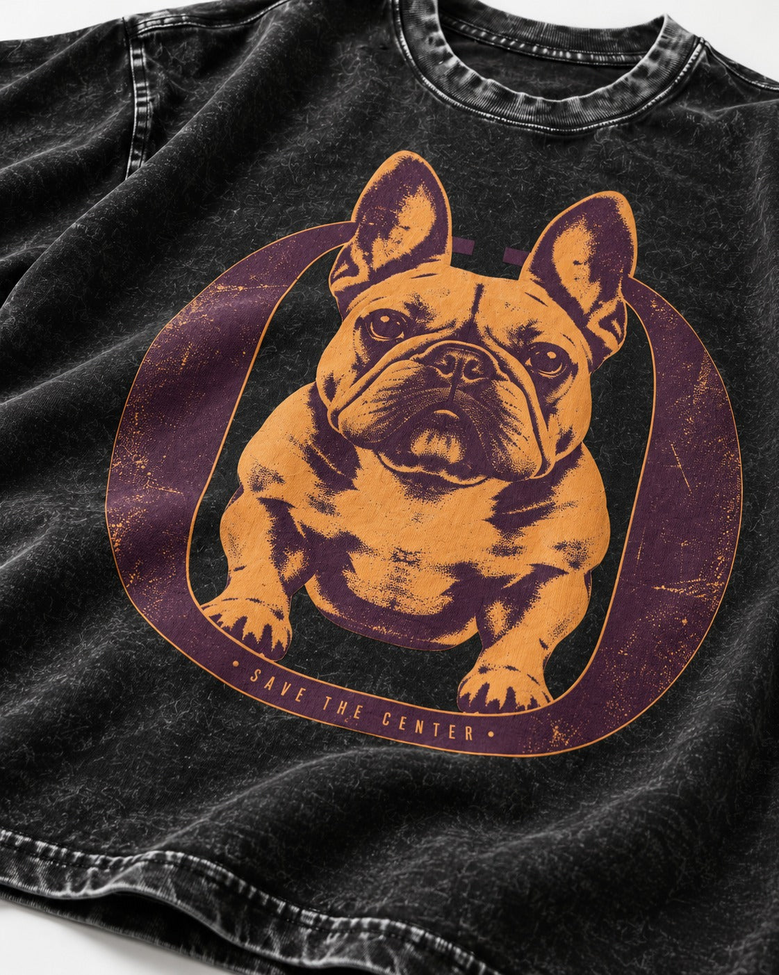 Frenchie Save the Center Oval Portrait Graphic Washed Tee in Black, close-up of the graphic