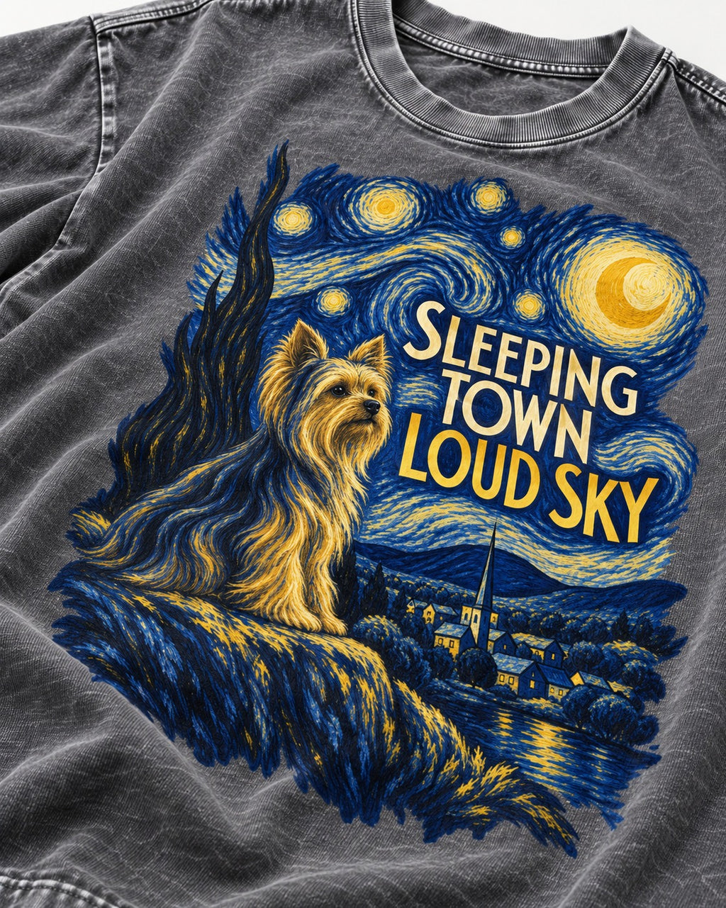 Yorkshire Terrier Sleeping Town Loud Sky Starry Night Graphic Washed Tee in Gray, close-up of the graphic
