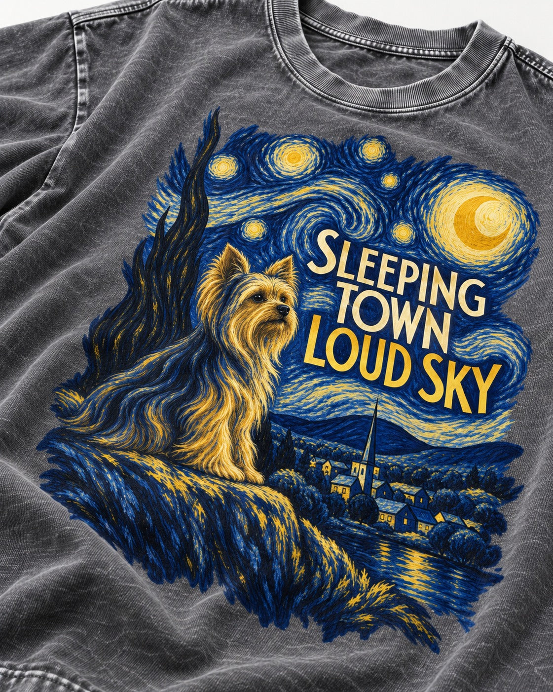 Yorkshire Terrier Sleeping Town Loud Sky Starry Night Graphic Washed Tee in Gray, close-up of the graphic