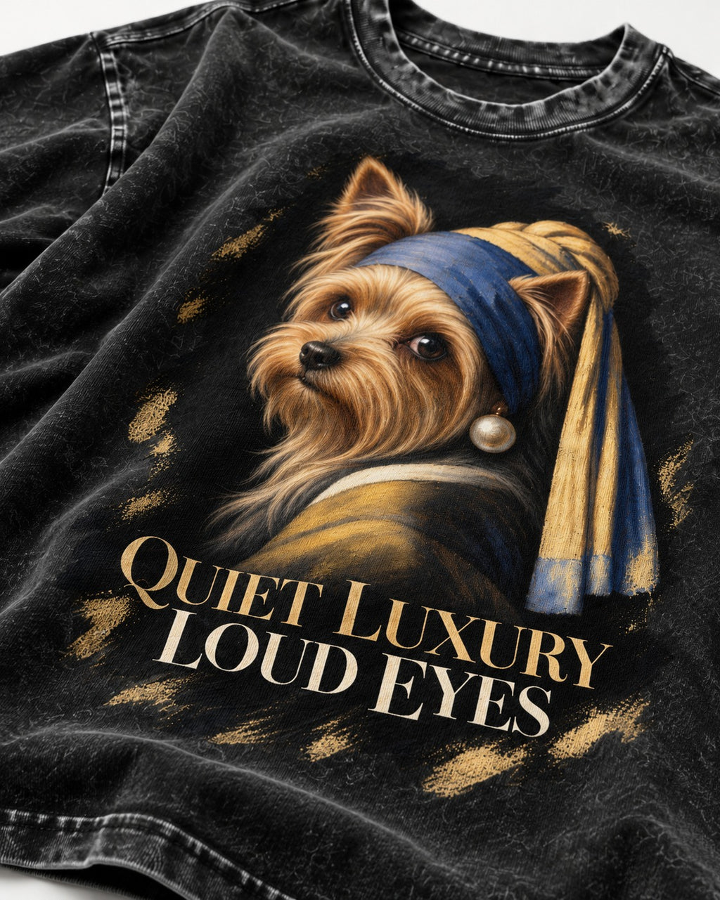 Yorkshire Terrier Quiet Luxury Loud Eyes Pearl Portrait Graphic Washed Tee in Black, close-up of the graphic