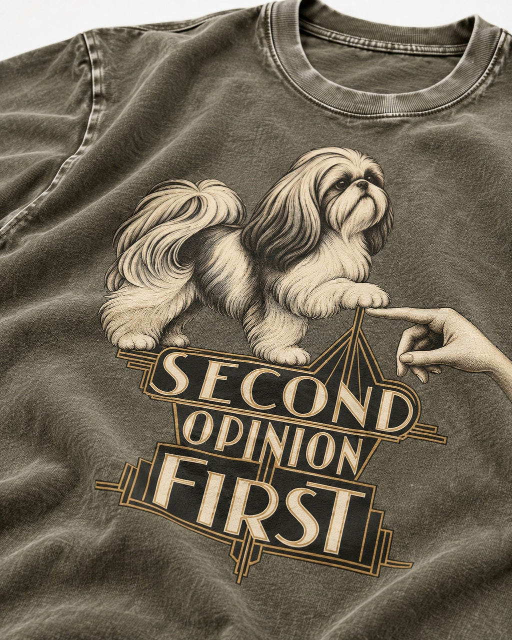 Shih Tzu Second Opinion First Art Deco Graphic Washed Tee in Army Green, close-up of the graphic