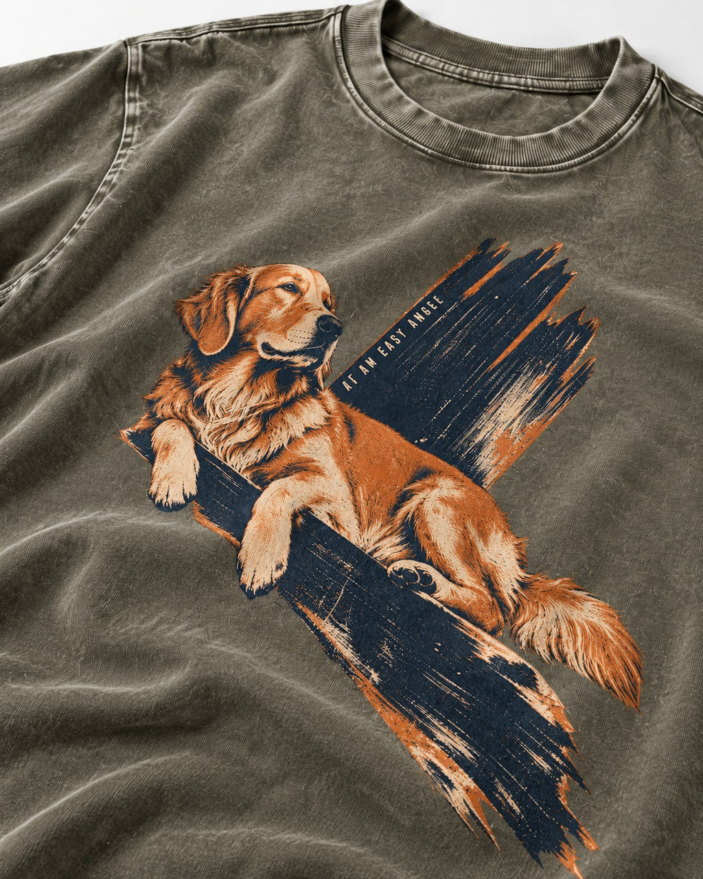 Golden Retriever At an Easy Angle Brushstroke Lounge Graphic Washed Tee in Army Green, close-up of the graphic