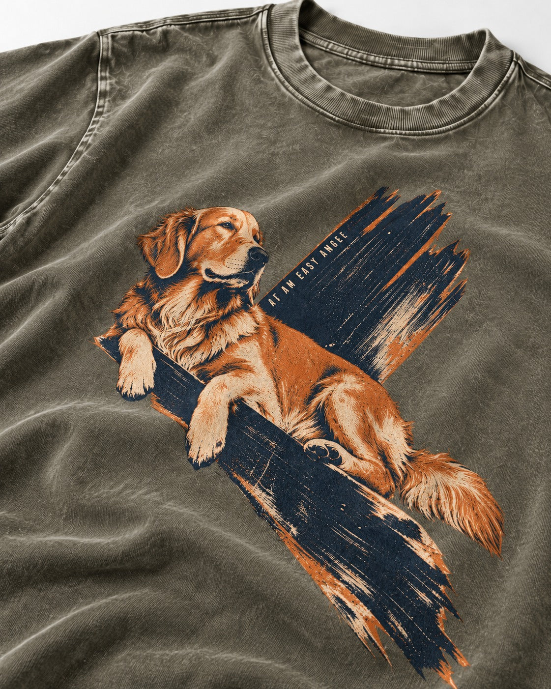 Golden Retriever At an Easy Angle Brushstroke Lounge Graphic Washed Tee in Army Green, close-up of the graphic
