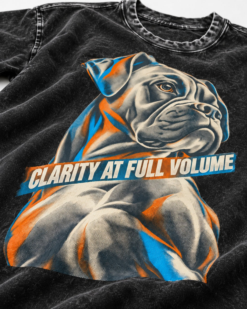 Clarity at Full Volume Boxer Portrait Washed Tee in Black, close-up of the graphic