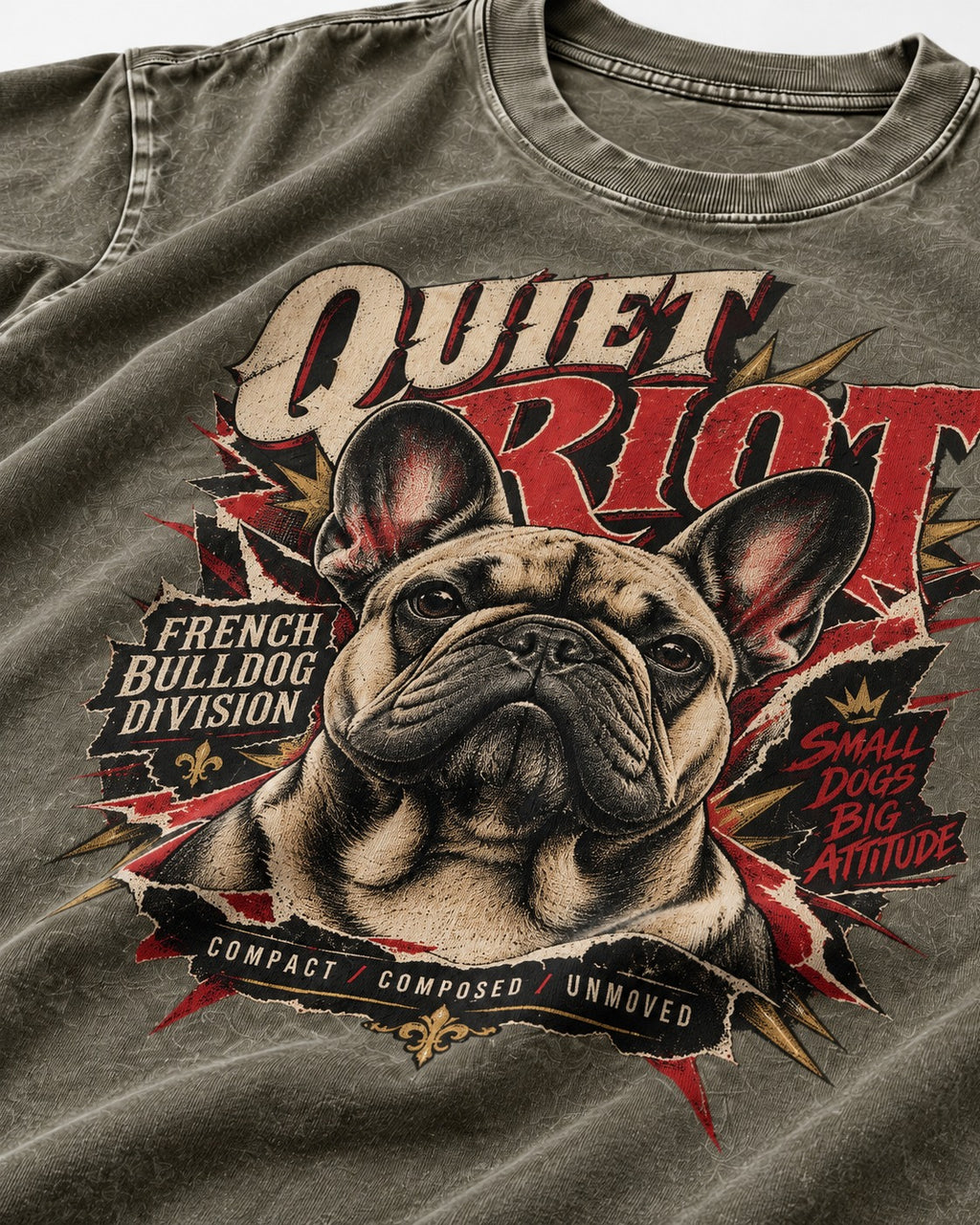 Frenchie Quiet Riot Division Emblem Washed Tee in Army Green, close-up of the graphic