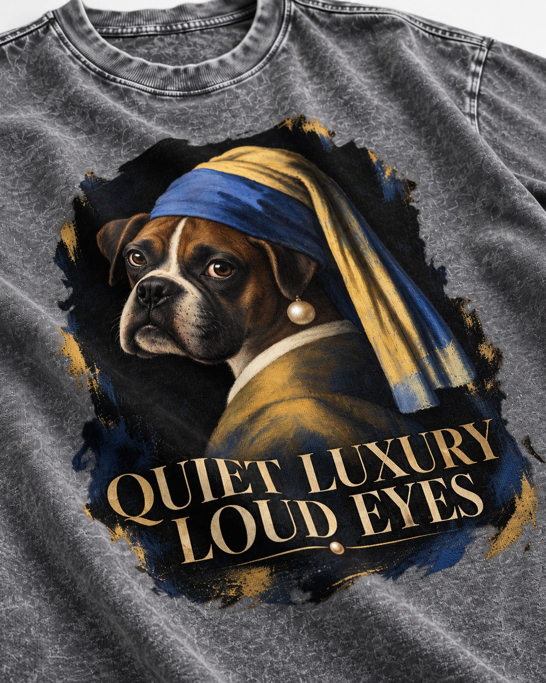 Quiet Luxury Loud Eyes Boxer Pearl Portrait Washed Tee in Gray, close-up of the graphic