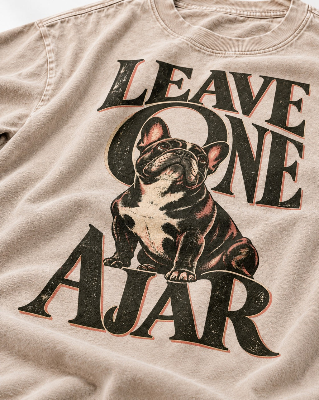 Leave One Ajar for Frenchie Washed Tee in Apricot, close-up of the graphic