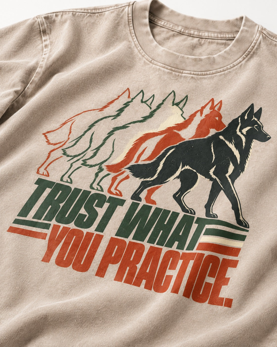 Trust What You Practice German Shepherd Dog Washed Tee in Apricot, close-up of the graphic