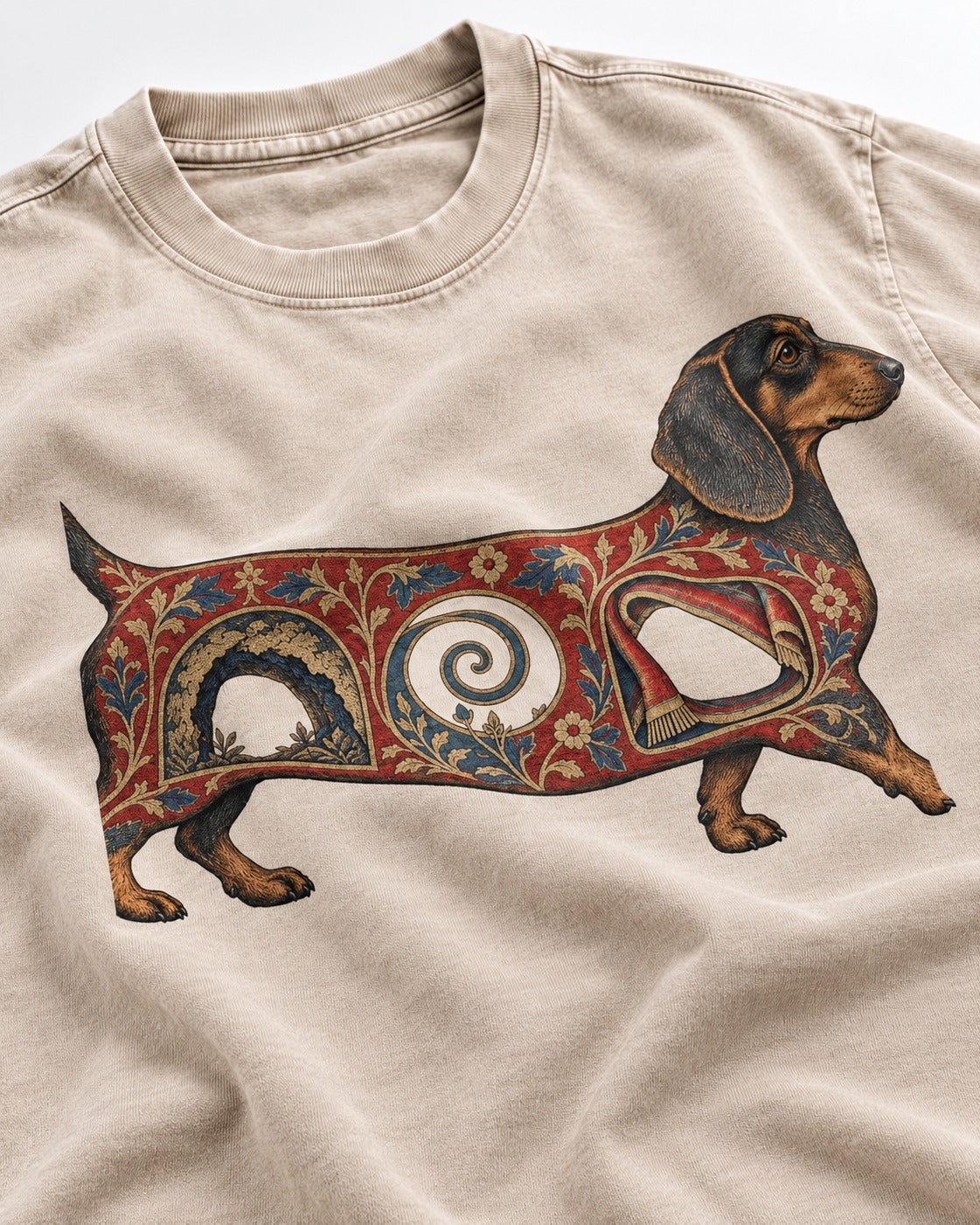 Dachshund Ever After Washed Tee in Apricot, close-up of the graphic