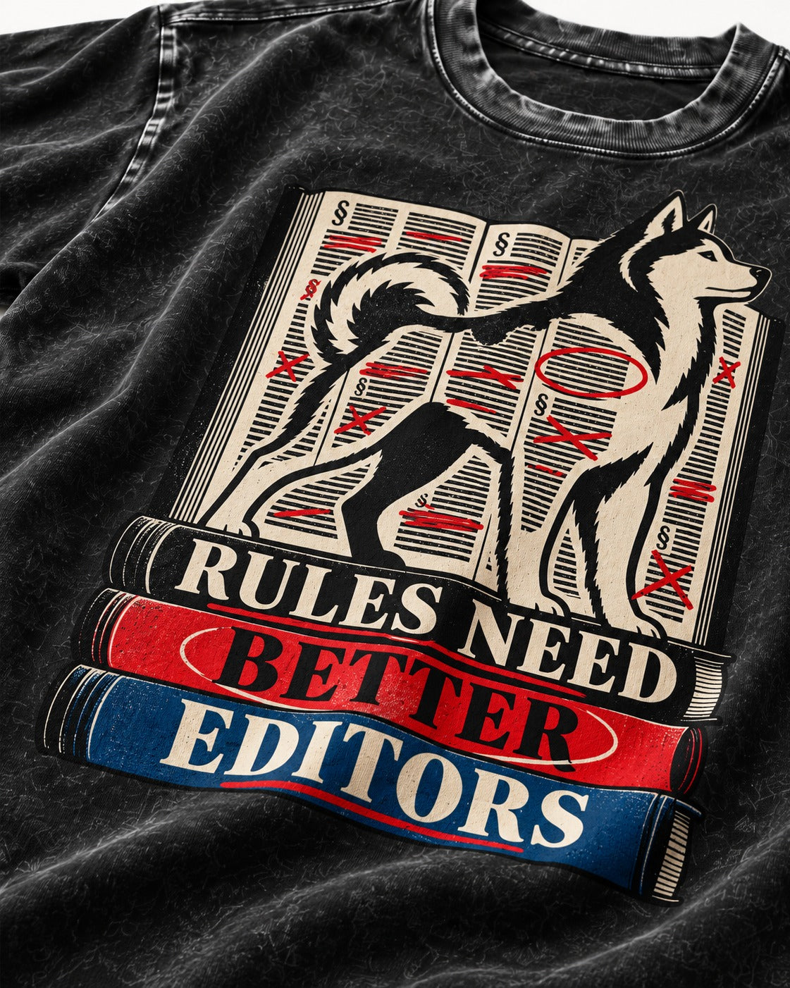 Husky Rules Need Better Editors Book Stack Graphic Washed Tee in Black, close-up of the graphic