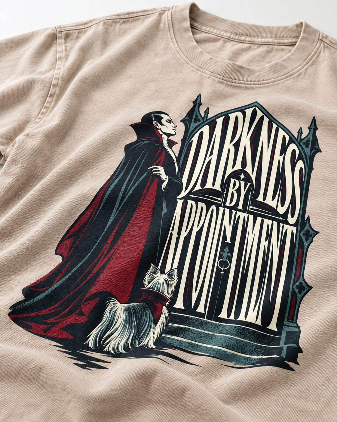 Darkness by Appointment with Yorkshire Terrier Washed Tee in Apricot, close-up of the graphic