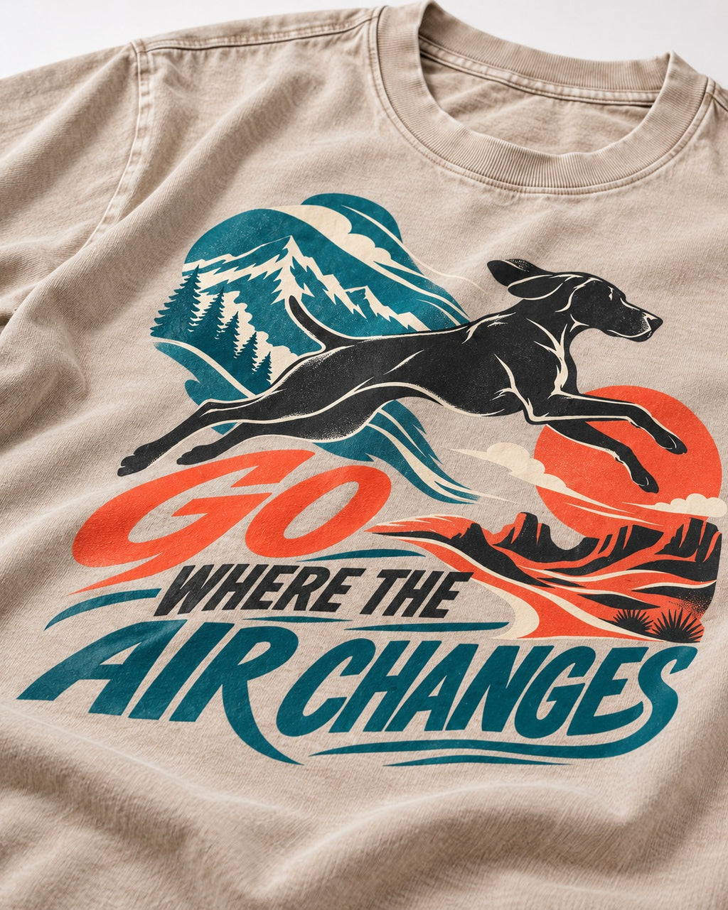 German Shorthaired Pointer Where the Air Changes Washed Tee in Apricot, close-up of the graphic