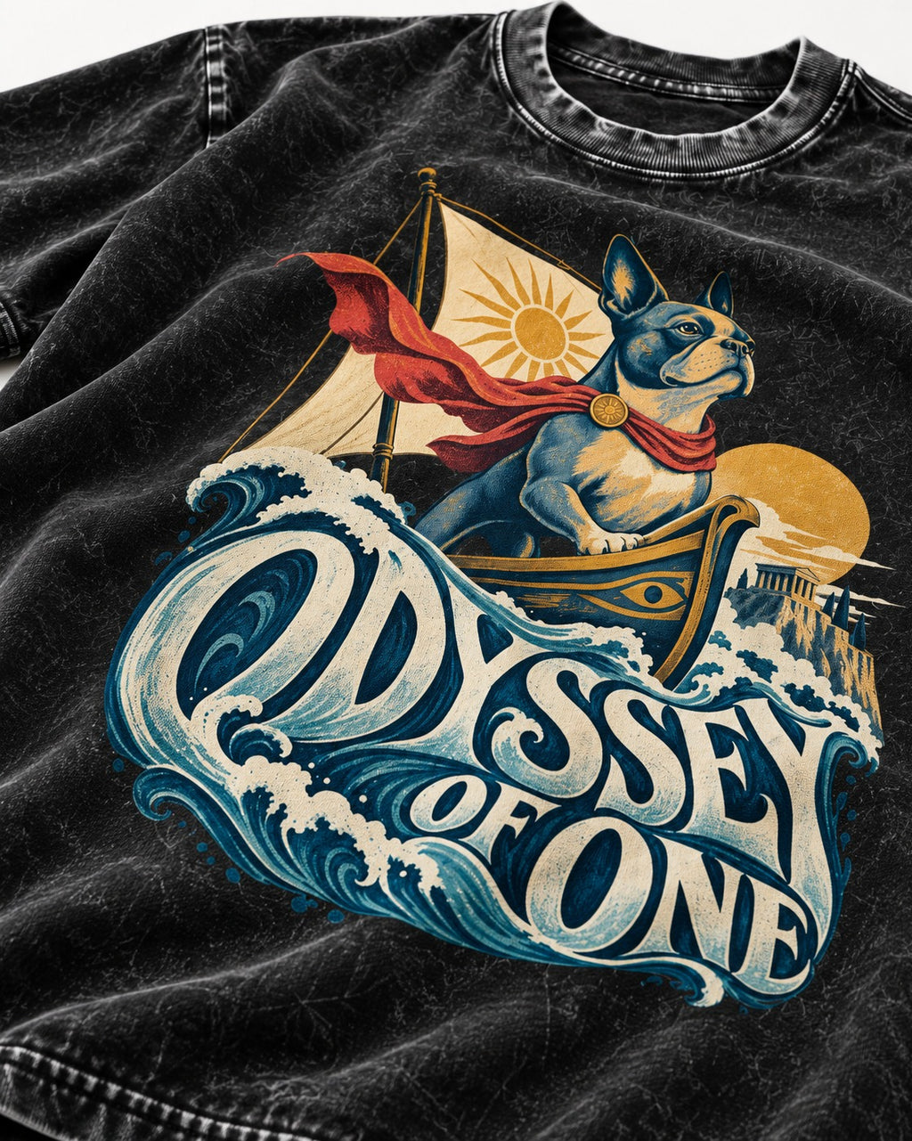 Boston Terrier Odyssey of One Washed Tee in Black, close-up of the graphic