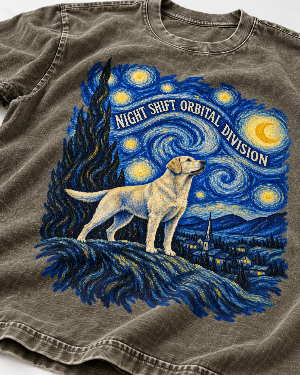 Labrador Retriever Night Shift Orbital Division Starry Night Graphic Washed Tee in Army Green, close-up of the graphic