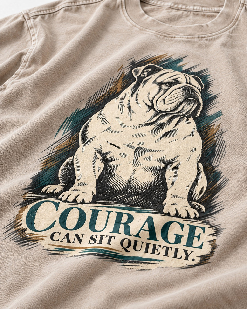 English Bulldog Courage Can Sit Quietly Washed Tee in Apricot, close-up of the graphic