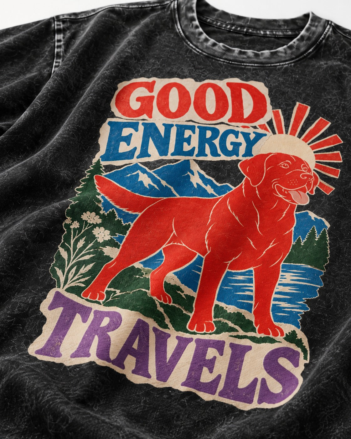 Labrador Retriever Good Energy Travels Adventure Graphic Washed Tee in Black, close-up of the graphic