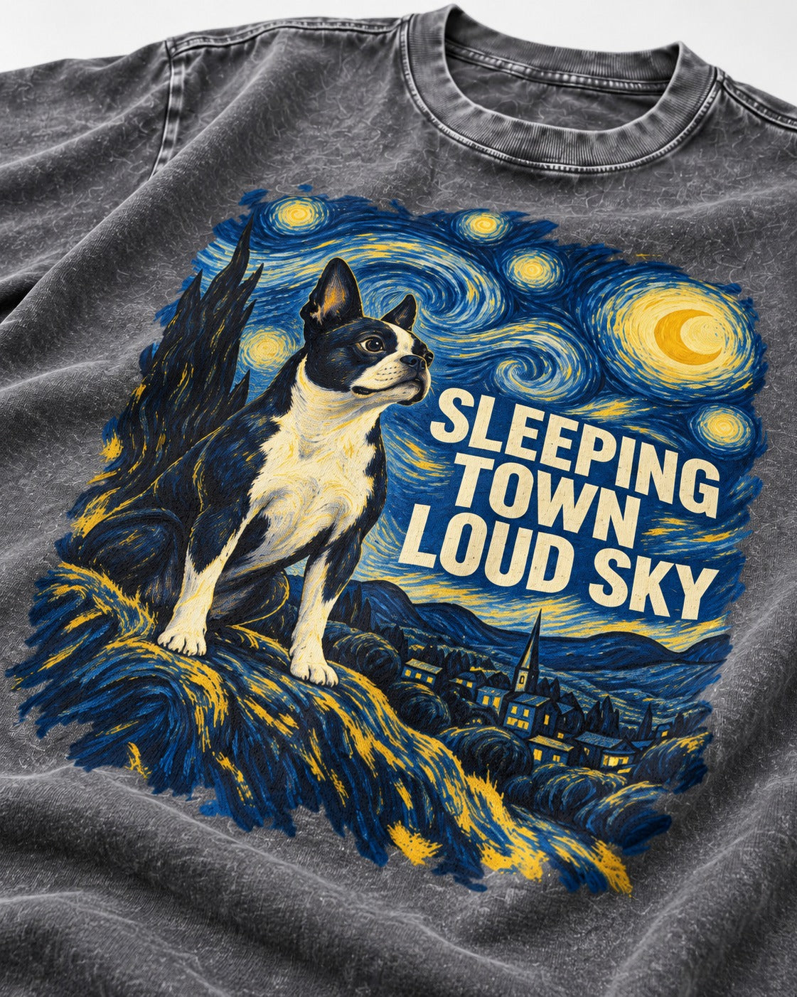 Sleeping Town Loud Sky Boston Terrier Starry Night Washed Tee in Gray, close-up of the graphic