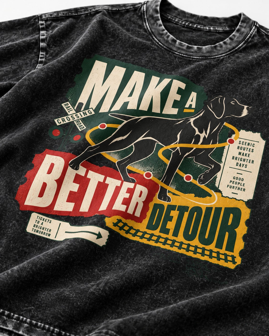 German Shorthaired Pointer Make a Better Detour Railroad Graphic Washed Tee in Black, close-up of the graphic