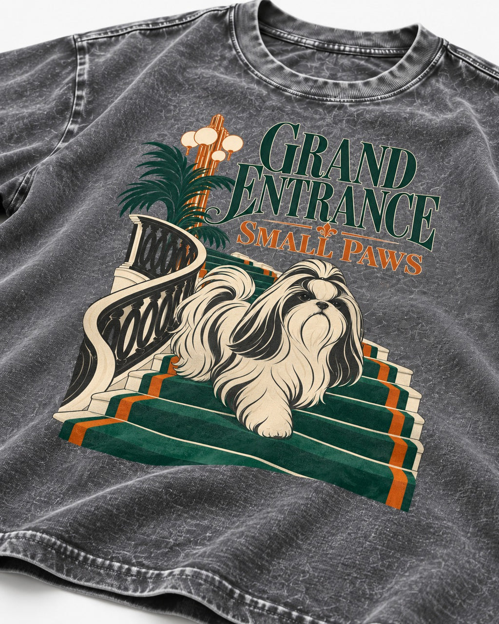 Shih Tzu Grand Entrance Small Paws Staircase Graphic Washed Tee in Gray, close-up of the graphic