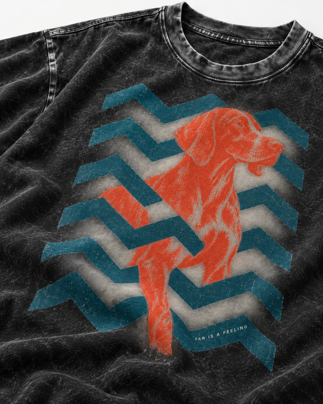 German Shorthaired Pointer Far Is a Feeling Chevron Graphic Washed Tee in Black, close-up of the graphic