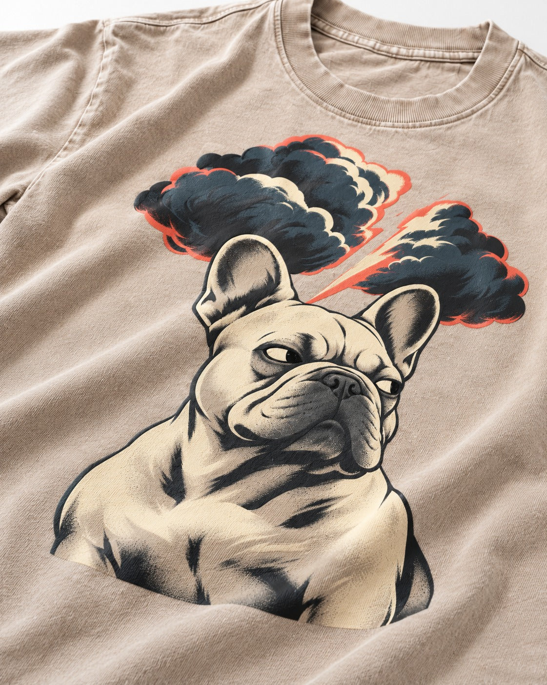Frenchie Storm Warning Washed Tee in Apricot, close-up of the graphic