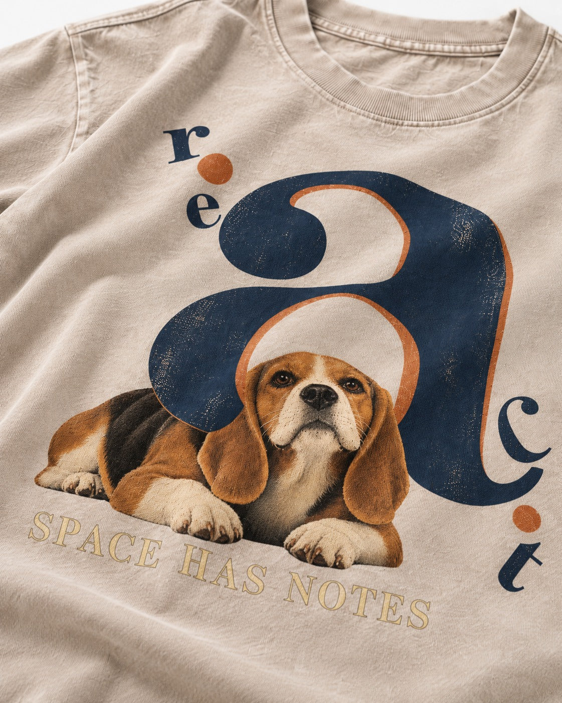 Space Has Notes Beagle Typography Art Washed Tee in Apricot, close-up of the graphic
