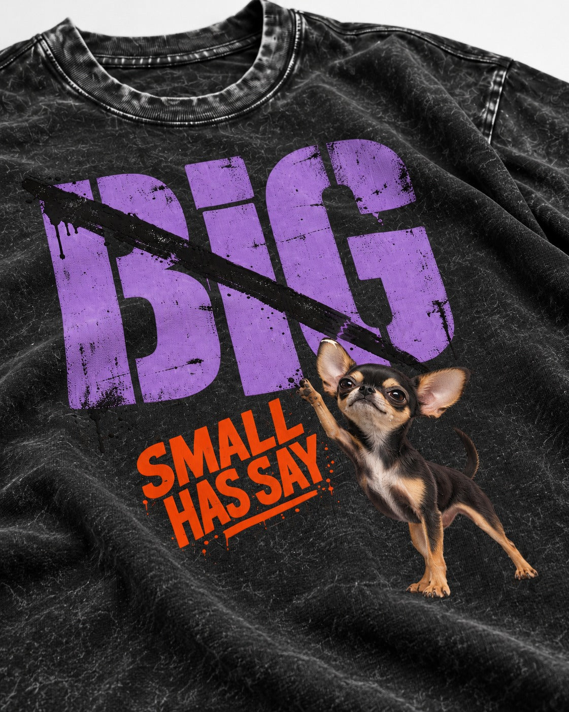 Chihuahua Big Small Has Say Diagonal Slash Graphic Washed Tee in Black, close-up of the graphic