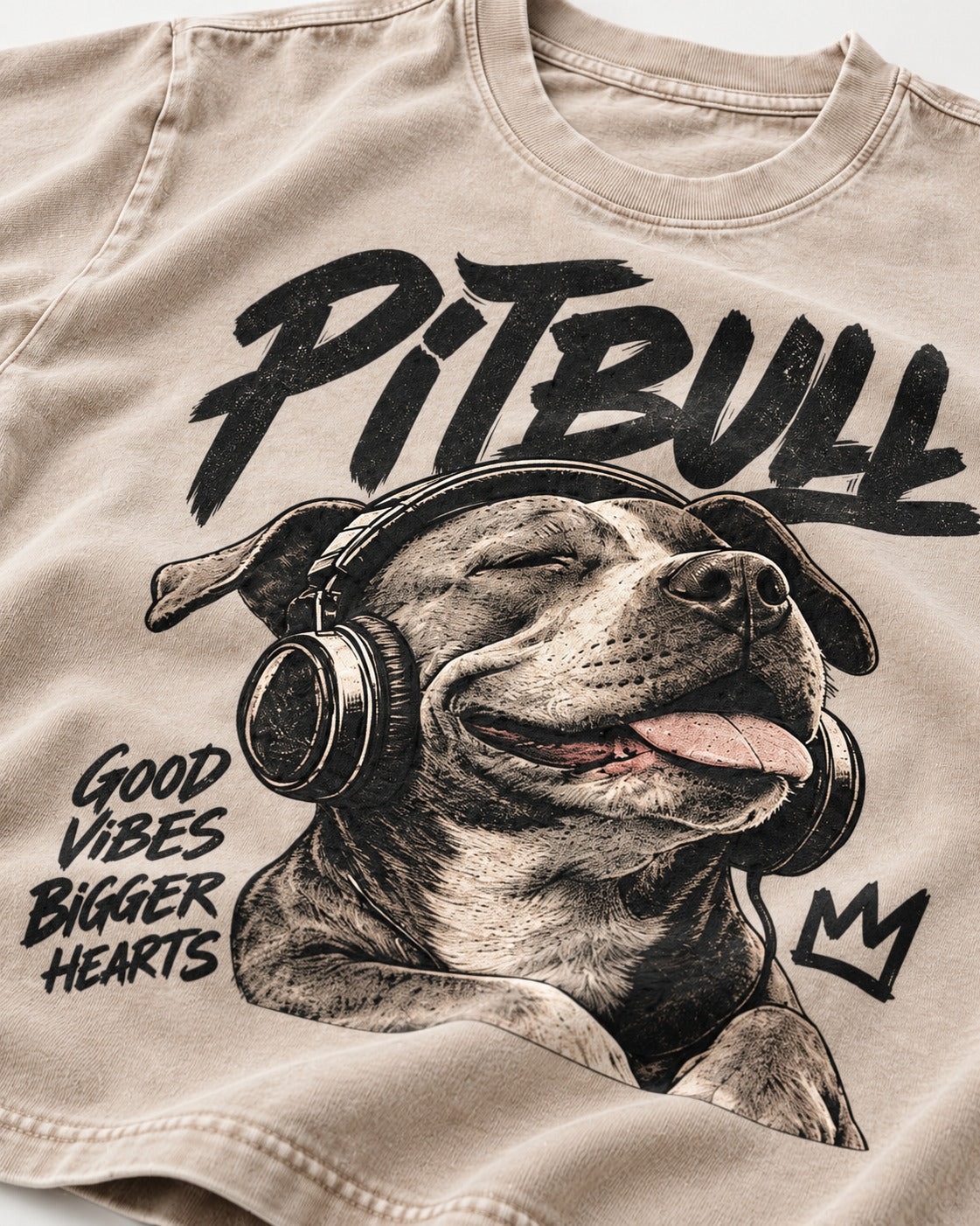 Pitbull Good Vibes Bigger Hearts Washed Tee in Apricot, close-up of the graphic