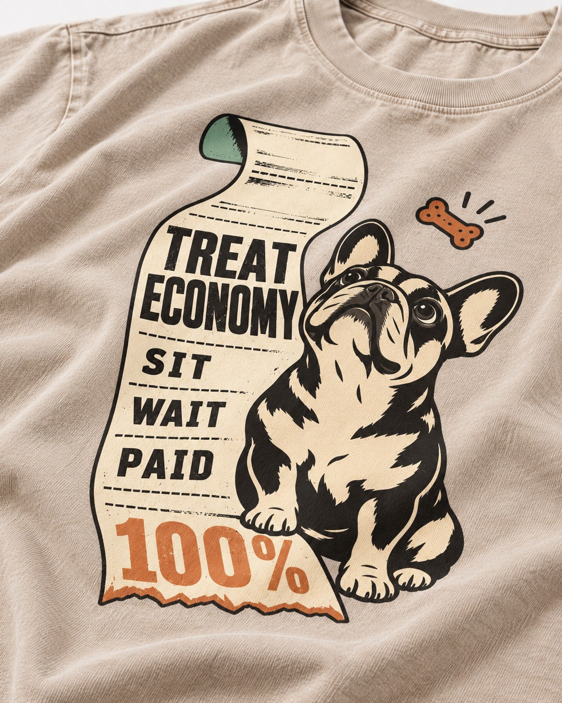 Sit Wait Paid Frenchie Washed Tee in Apricot, close-up of the graphic