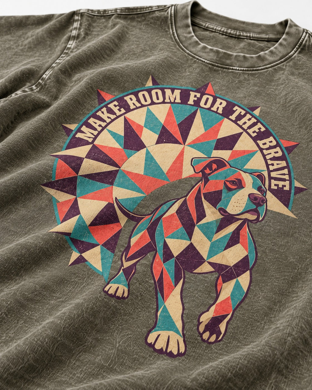 Pitbull Make Room for the Brave Mosaic Graphic Washed Tee in Army Green, close-up of the graphic