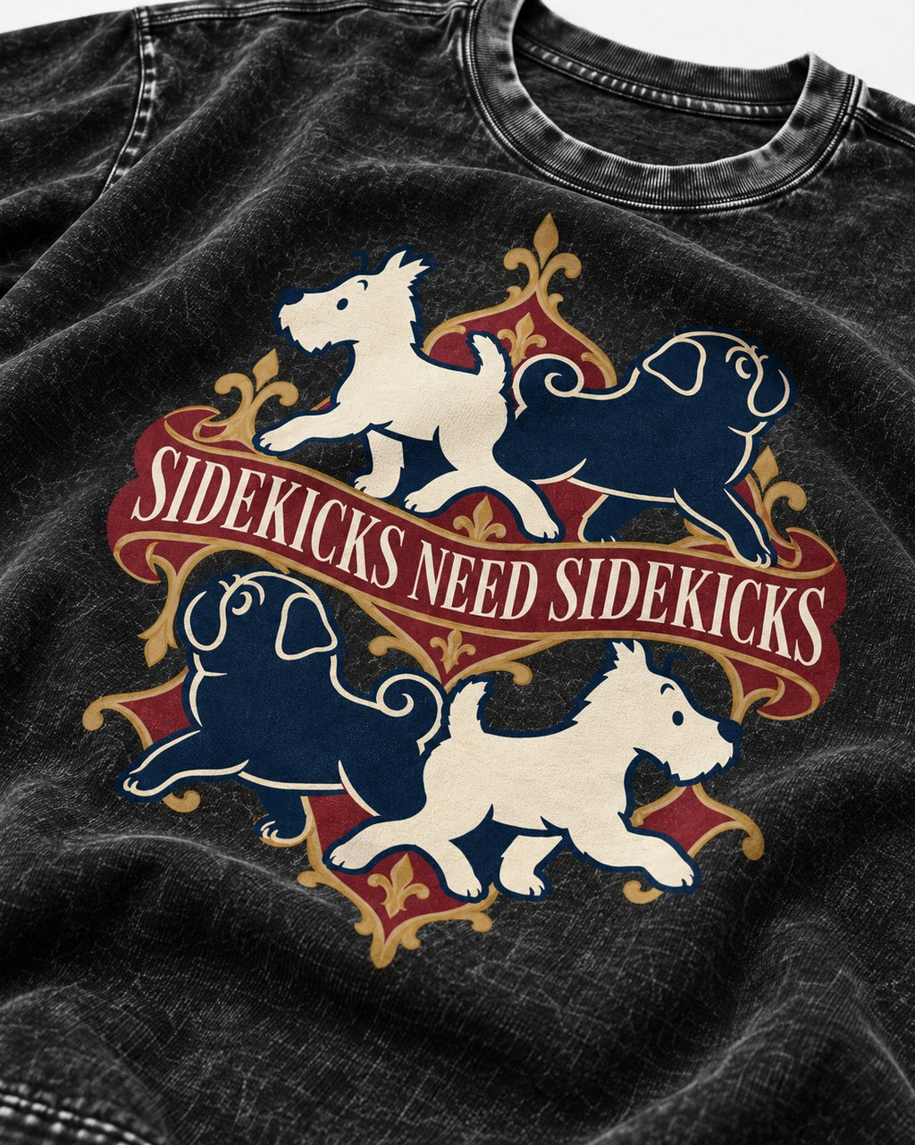 Pug Sidekicks Need Sidekicks Heraldic Graphic Washed Tee in Black, close-up of the graphic