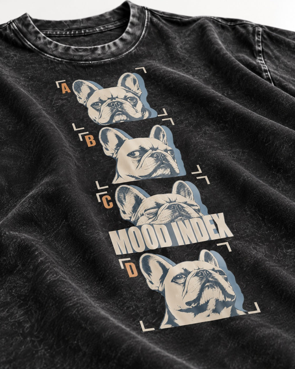 Frenchie Mood Index Four-Panel Strip Graphic Washed Tee in Black, close-up of the graphic