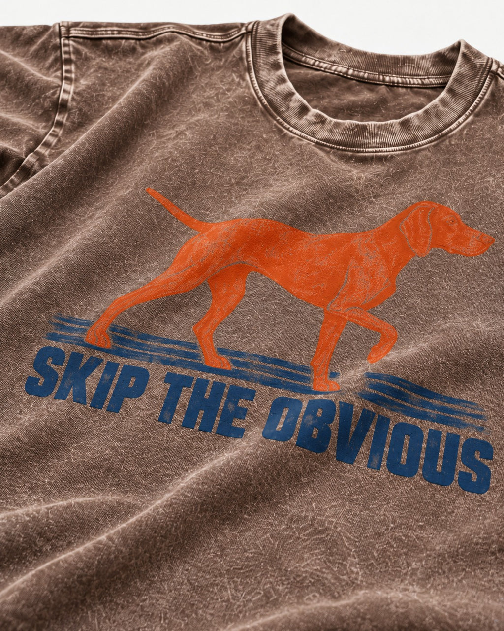 Skip the Obvious German Shorthaired Pointer Washed Tee in Coffee, close-up of the graphic