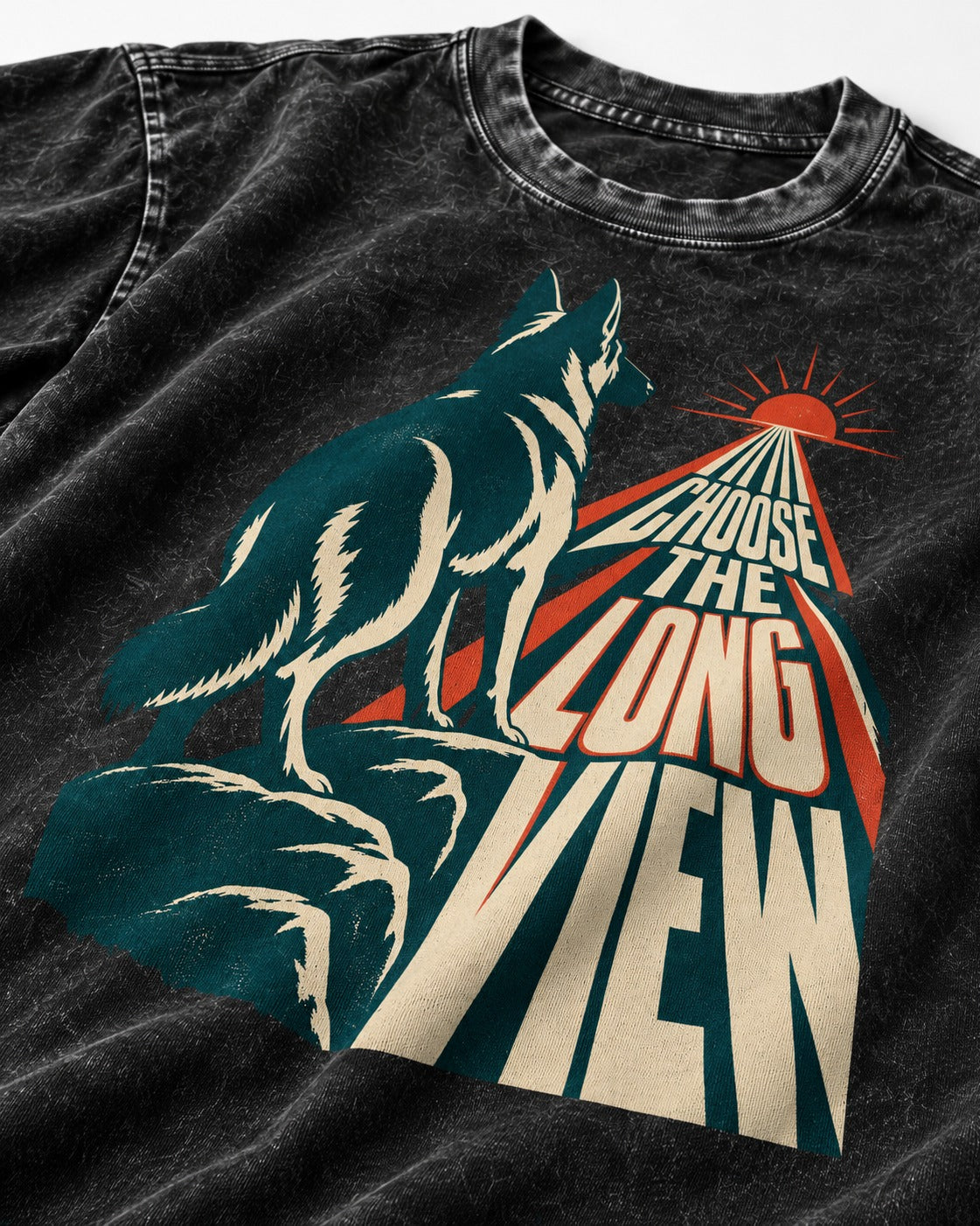 Choose the Long View Sunrise German Shepherd Dog Graphic Washed Tee in Black, close-up of the graphic