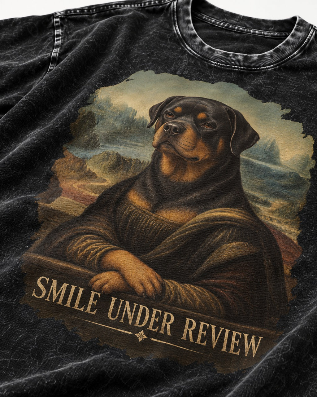 Rottweiler Smile Under Review Renaissance Portrait Graphic Washed Tee in Black, close-up of the graphic