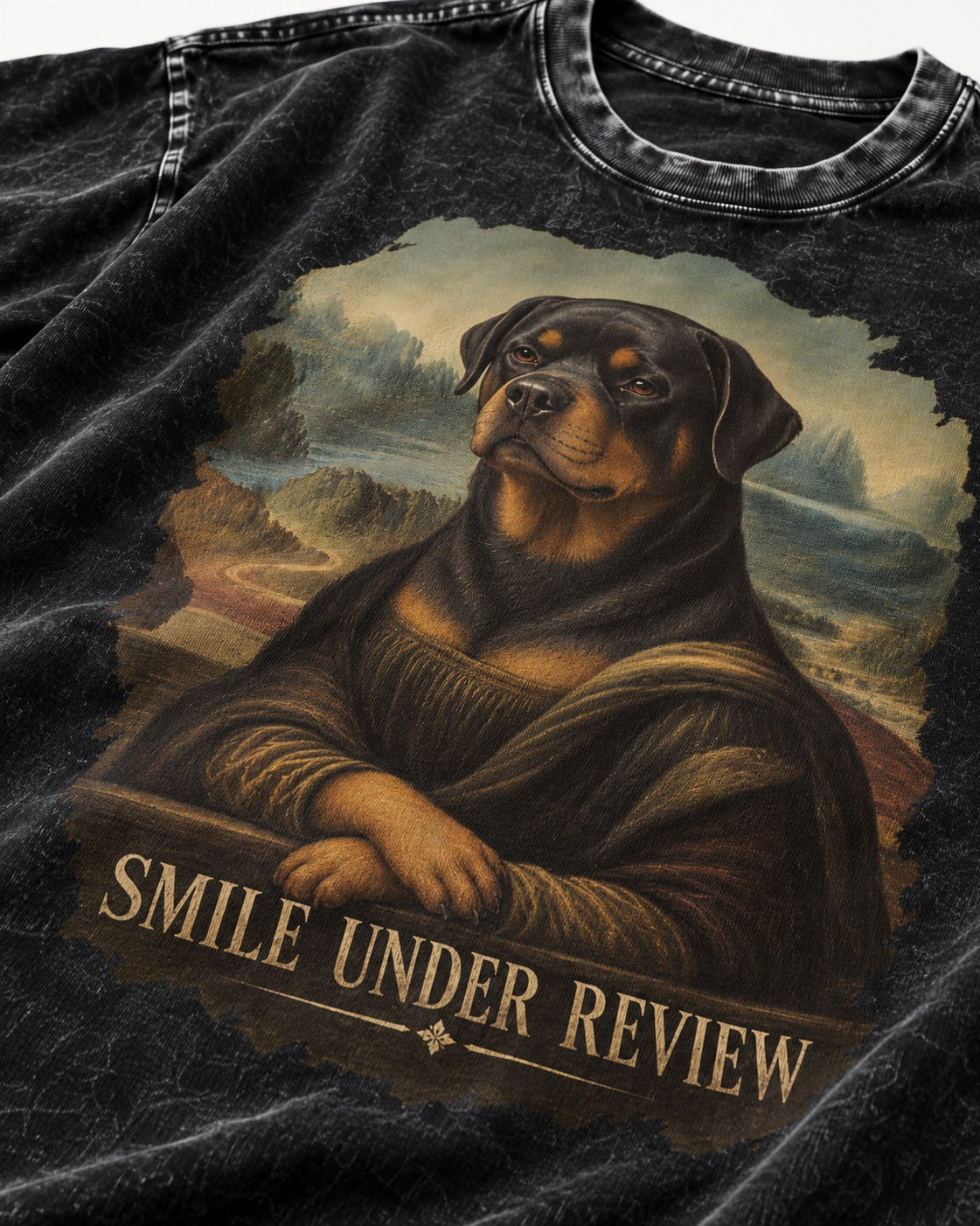 Rottweiler Smile Under Review Renaissance Portrait Graphic Washed Tee in Black, close-up of the graphic
