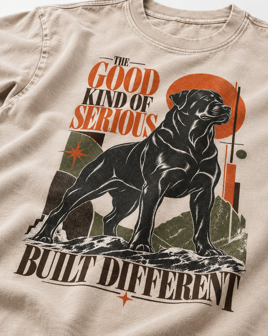 Rottweiler Built Different Washed Tee in Apricot, close-up of the graphic