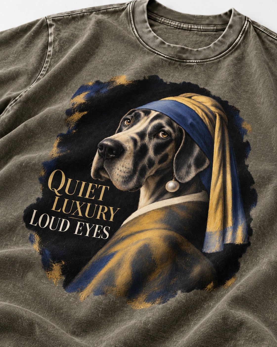 Great Dane Quiet Luxury Loud Eyes Pearl Portrait Graphic Washed Tee in Army Green, close-up of the graphic