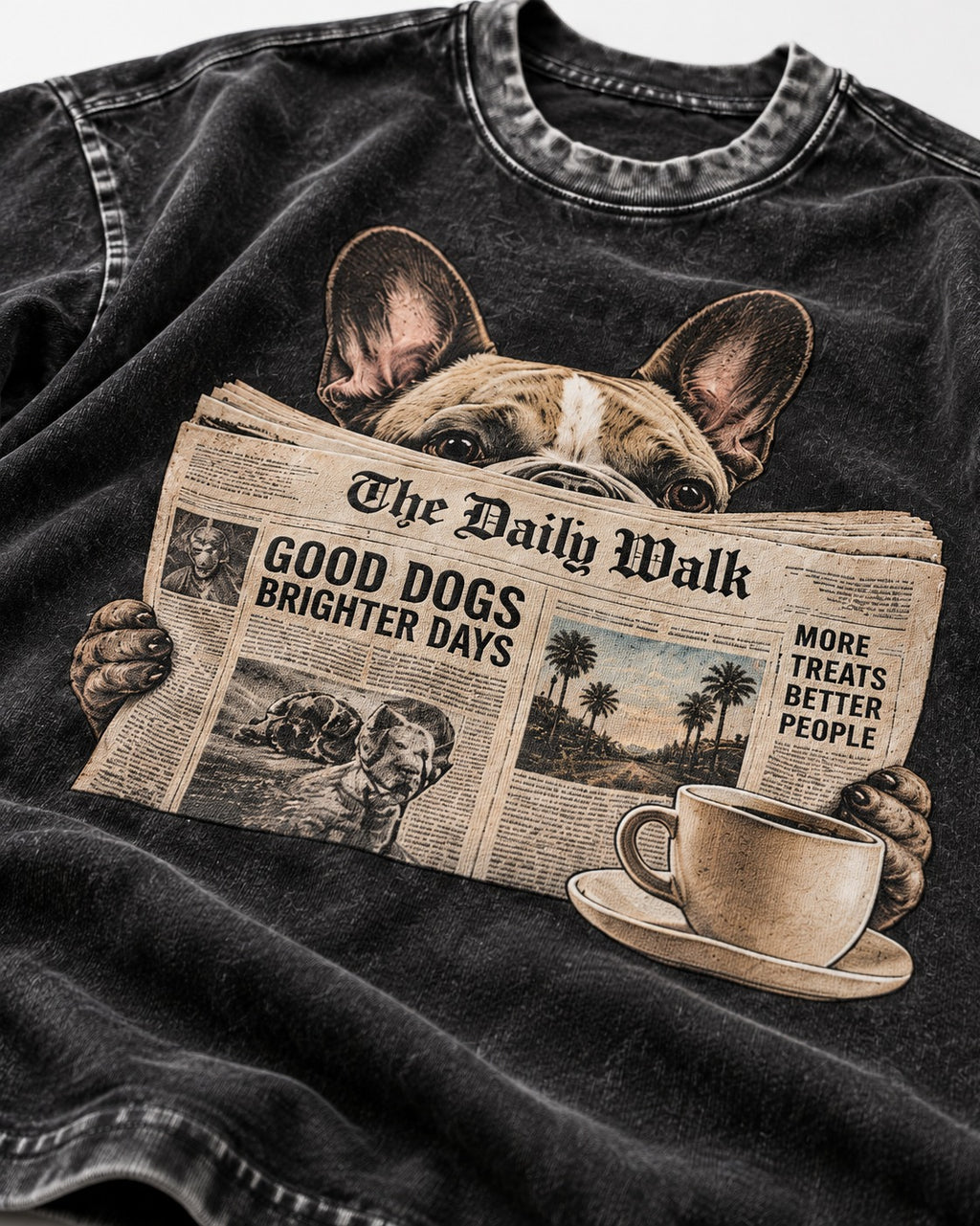 Frenchie Good Dogs Brighter Days Newspaper Graphic Washed Tee in Black, close-up of the graphic