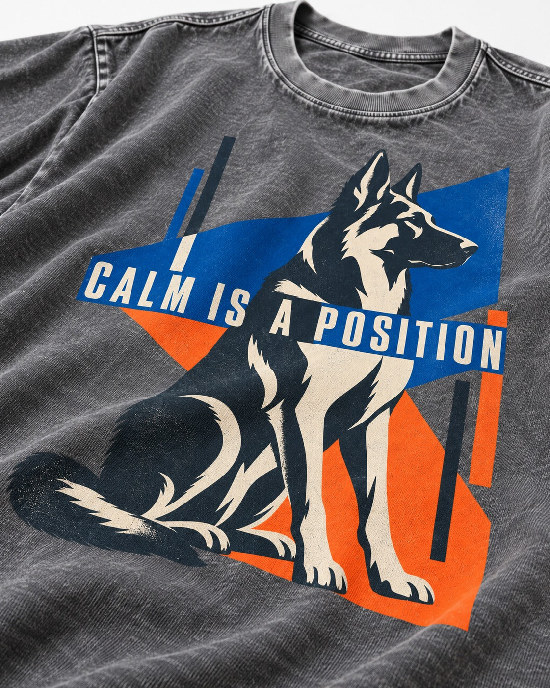 Calm Is A Position Geometric German Shepherd Dog Graphic Washed Tee in Gray, close-up of the graphic