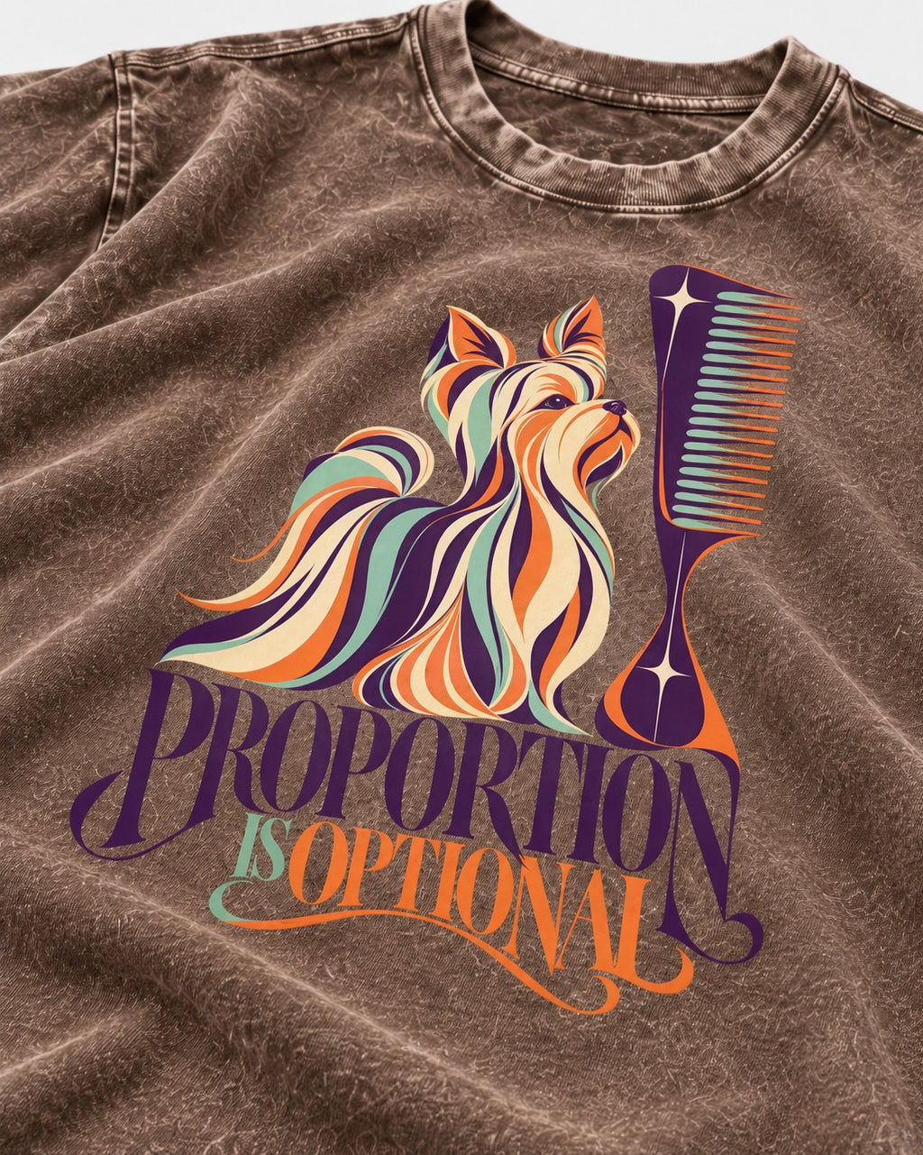 Yorkshire Terrier Proportion Is Optional Washed Tee in Coffee, close-up of the graphic