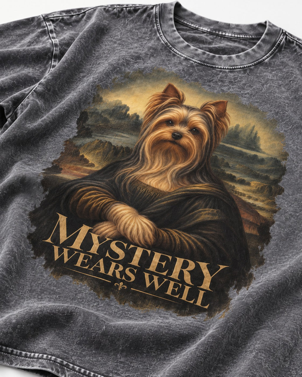 Yorkshire Terrier Mystery Wears Well Mona Lisa Portrait Graphic Washed Tee in Gray, close-up of the graphic