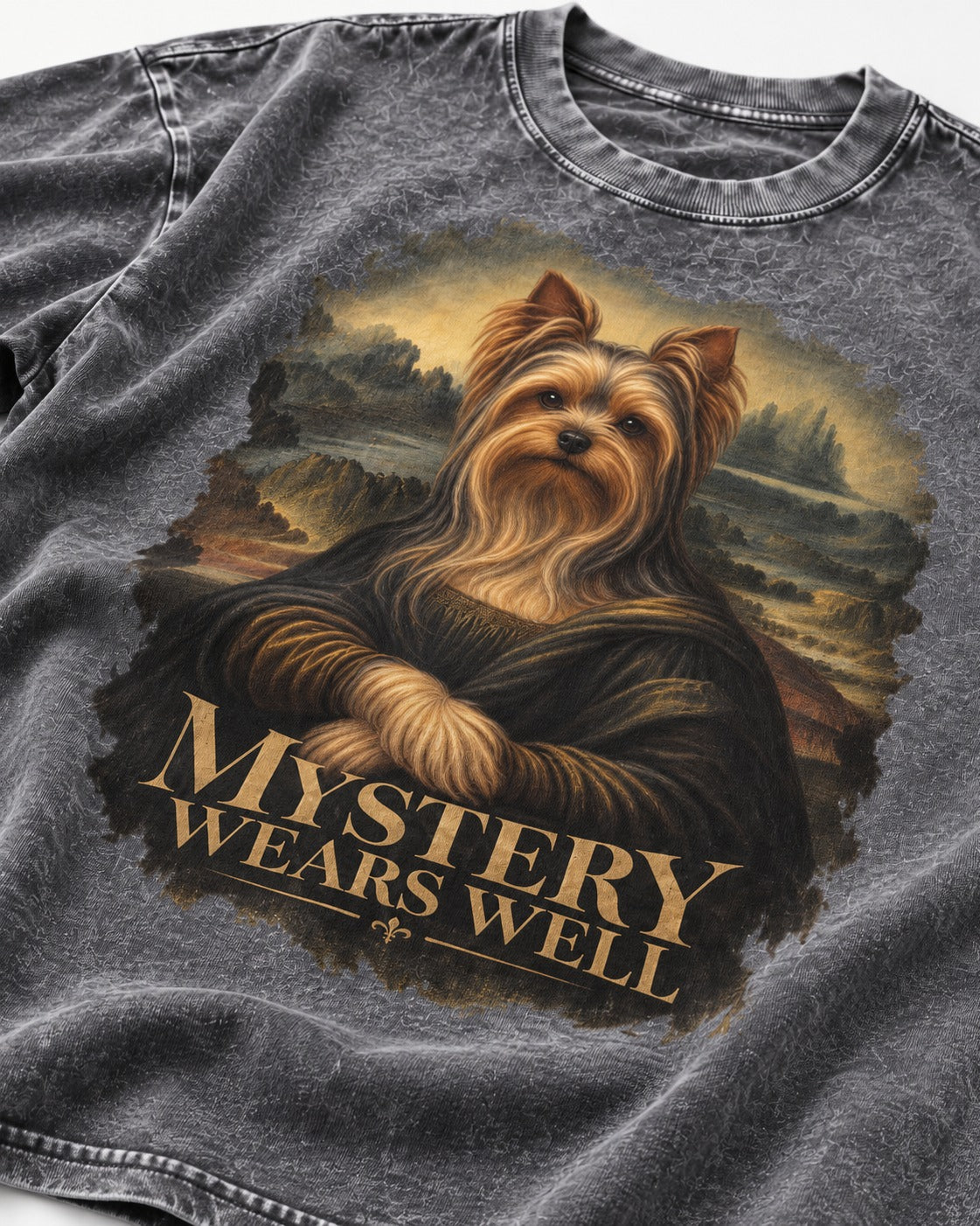 Yorkshire Terrier Mystery Wears Well Mona Lisa Portrait Graphic Washed Tee in Gray, close-up of the graphic