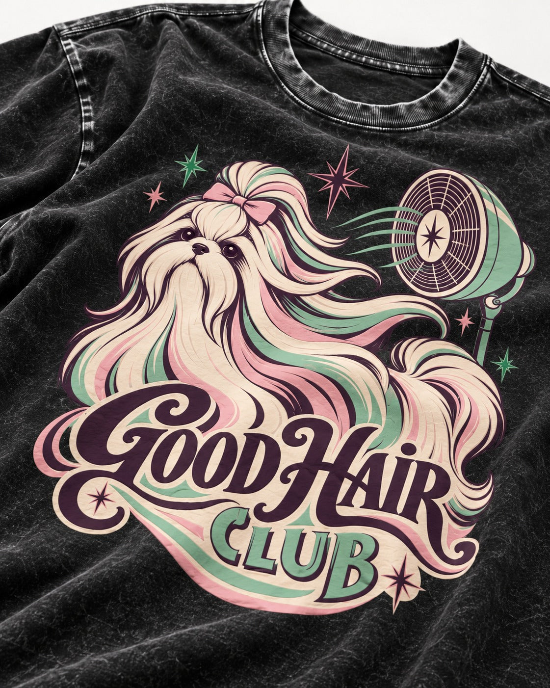 Shih Tzu Good Hair Club Salon Fan Graphic Washed Tee in Black, close-up of the graphic