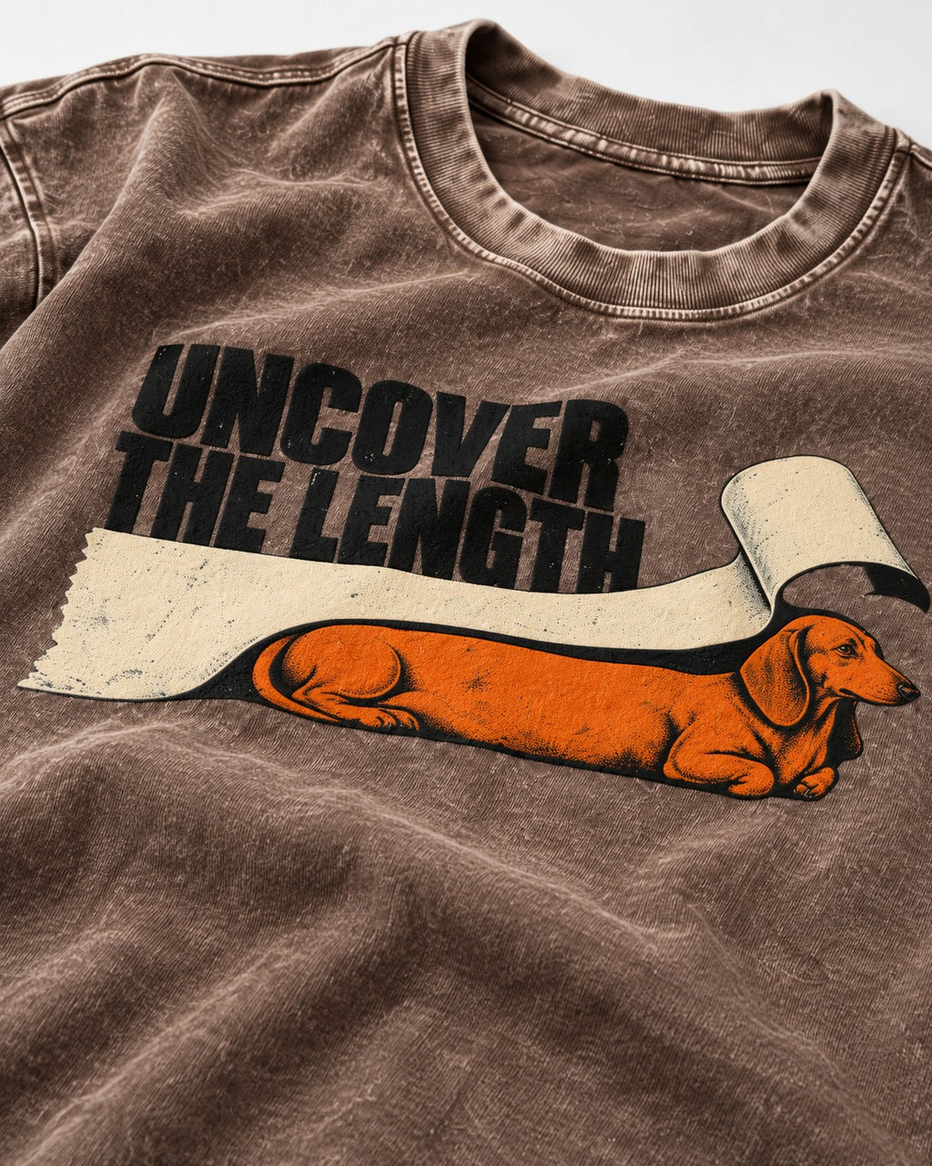 Uncover the Dachshund Length Washed Tee in Coffee, close-up of the graphic